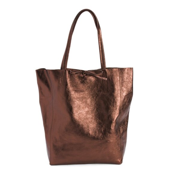 MARLON Dark Brown Made In Italy Leather Metallic Unlined Tote - Picture 1 of 2